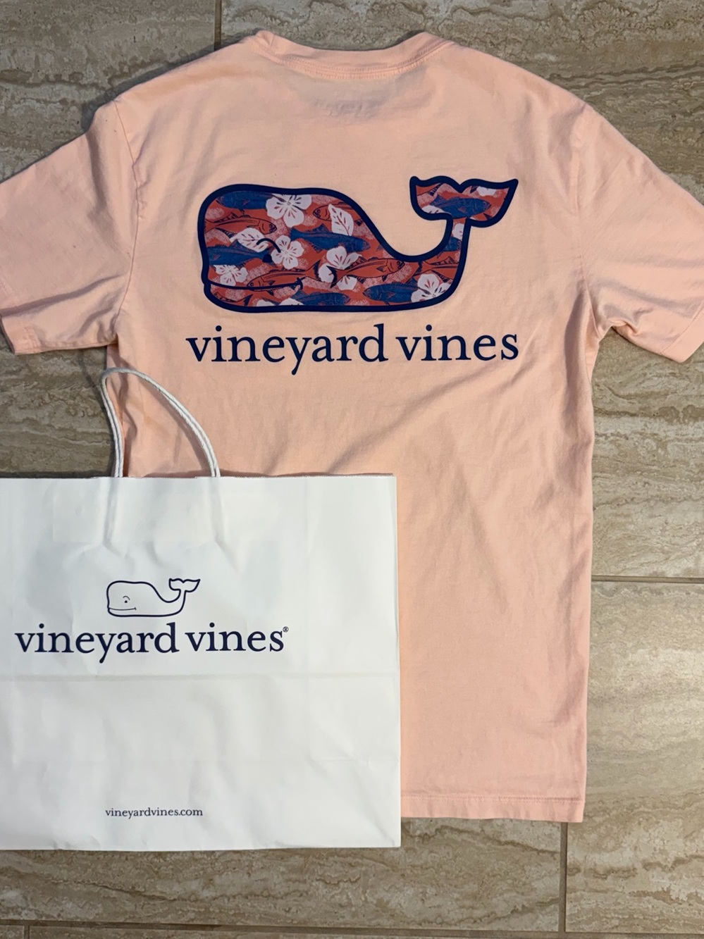 Vineyard Vines Peach Short Sleeve Tee with Floral Whale